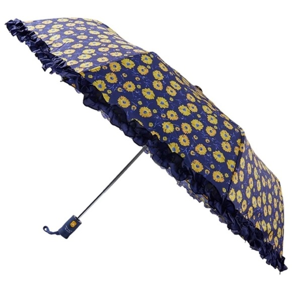 Shoshanna Navy Blue Floral Ruffle Compact Umbrella - Picture 1 of 9